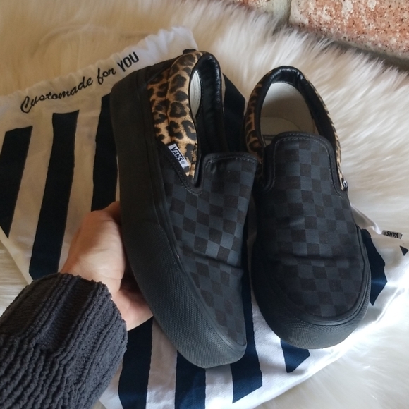 Vans Shoes - Vans custom checkerboard leopard platform slip-ons